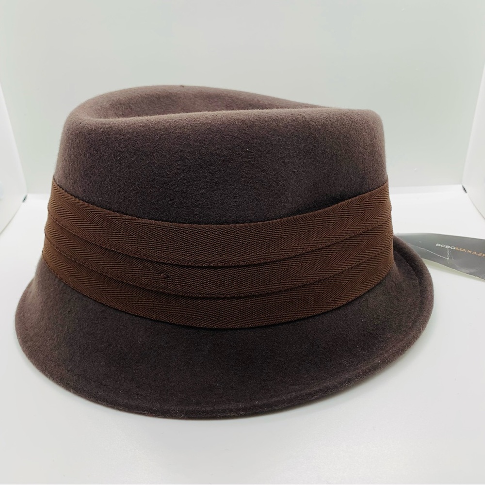 NWT BCBG Maxazria  100% Wool Brown Fedora Felt Hat Grosgrain Ribbon Small